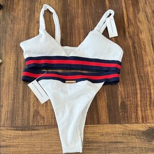 White and Navy Bikini with Red Accents